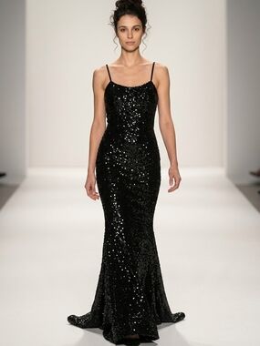 Mon Cheri Black Sequined Spaghetti-Strap Maxi Gown